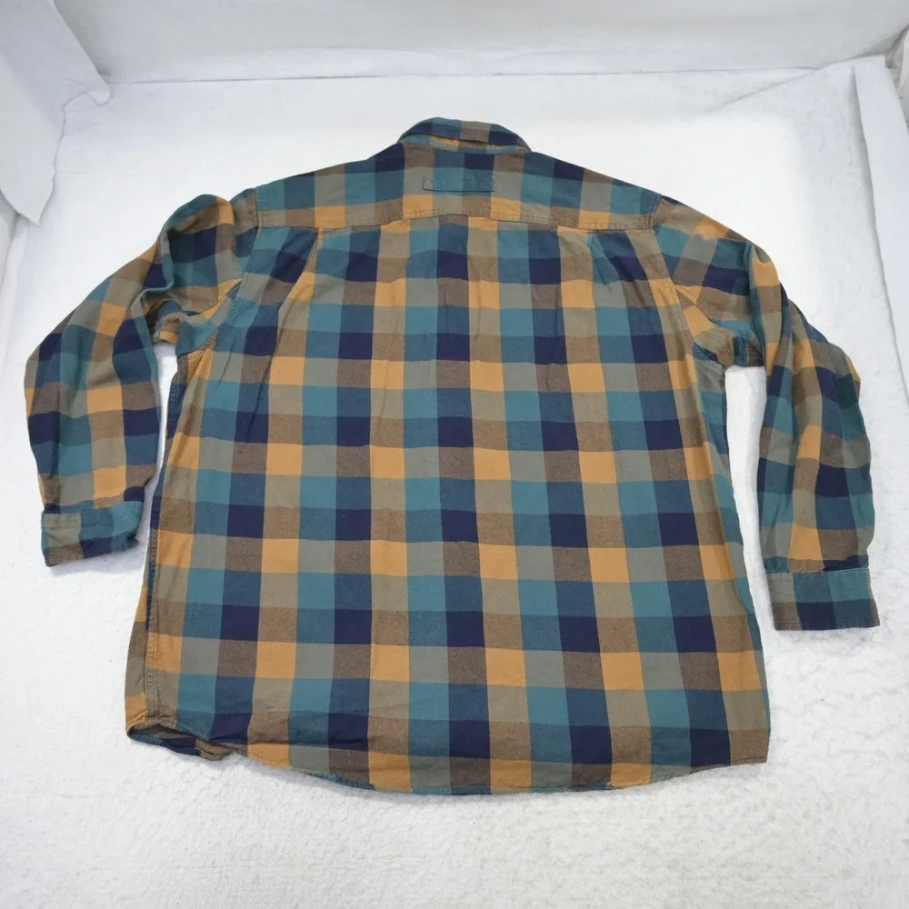 Duluth Trading Co Flannel Button Up Mens XL Tall Relaxed Fit Blue Gold Plaid